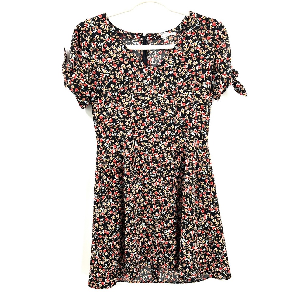 LOFT feminine fit & flare ditsy dark romantic floral dress bow career work 0